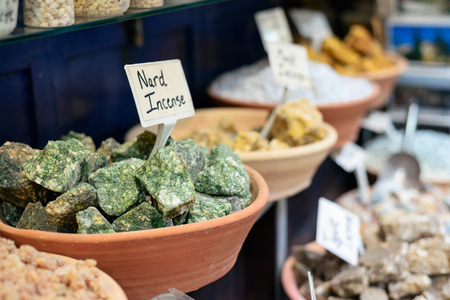 green nard incense on arabian market in Jerusalem, Israelの写真素材
