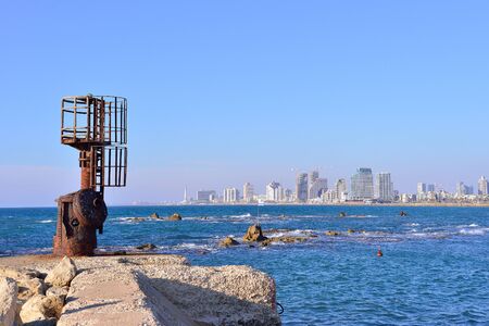 Jaffa.Israeli flag on the background of the sea and tel Aviv . Israel.のeditorial素材