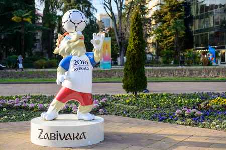 SOCHI, RUSSIA - FEBRUARY,  2018 The official mascot of the 2018 FIFA World Cup and the FIFA Confederations Cup 2017 wolf Zabivaka.のeditorial素材