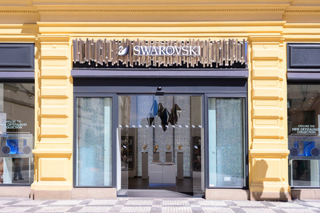PRAGUE, CZECH REPUBLIC - MAY 2017: Swarovski in Prague. Swarovski is an Austrian Crystal manufacturer produces crystal jewelry and accessories.のeditorial素材