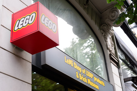 PRAGUE, CZECH REPUBLIC - MAY 2017: logo Lego, shop Lego and brick museum
