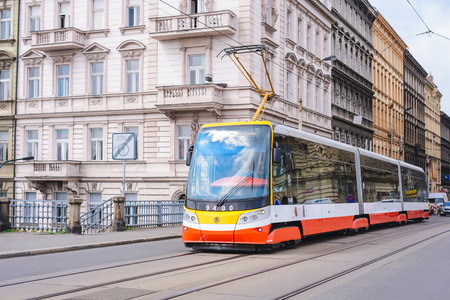 PRAGUE, CZECH REPUBLIC - MAY 2017: a modern new tram on the Prague street. Convenient and fast urban environmentally friendly transport.のeditorial素材