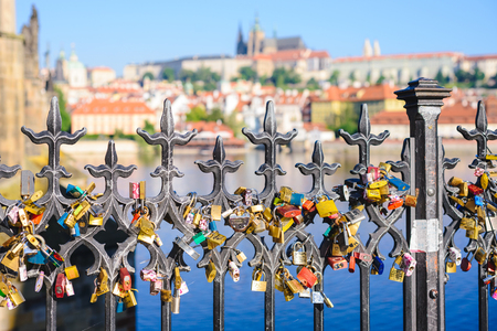 PRAGUE, CZECH REPUBLIC - MAY 2017: Love locks on a railing near the Charles Bridgeのeditorial素材