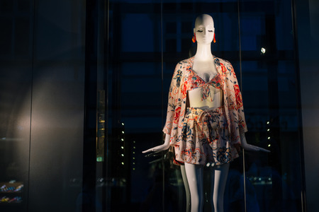 PRAGUE, CZECH REPUBLIC - MAY 2017: Showcase with a new collection of women's clothing.のeditorial素材