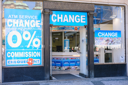 PRAGUE, CZECH REPUBLIC - MAY 2017: Travel currency exchange counter service. Money exchange shop in Prague for visitor and tourist.のeditorial素材