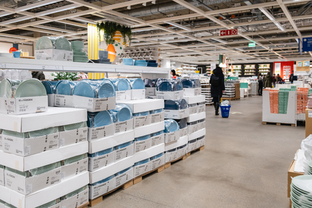 ST. PETERSBURG, RUSSIA - MARCH, 2019: Interior of elegant IKEA furniture store with tableware...