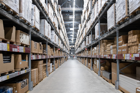 ST. PETERSBURG, RUSSIA - MARCH, 2019: Warehouse storage in an IKEA store. Founded in 1943, IKEA is the world's largest furniture retailer. IKEA operates 351 stores in 43 countries.のeditorial素材