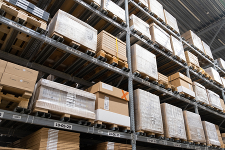 ST. PETERSBURG, RUSSIA - MARCH, 2019: Warehouse storage in an IKEA store. Founded in 1943, IKEA is the world's largest furniture retailer. IKEA operates 351 stores in 43 countries.のeditorial素材