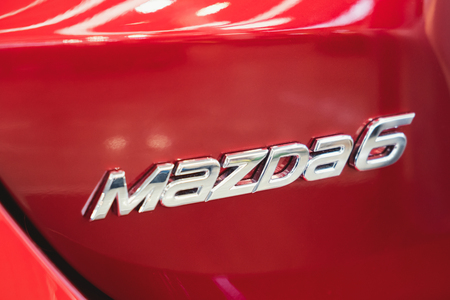 ST. PETERSBURG, RUSSIA - MARCH, 2019: Logo of Mazda car model 6のeditorial素材