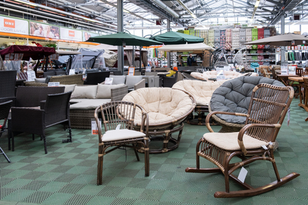 ST. PETERSBURG, RUSSIA - MARCH, 2019: Outdoor furniture in OBI store on display. Concept for summer shoppingのeditorial素材
