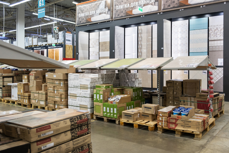 ST. PETERSBURG, RUSSIA - MARCH, 2019: hardware store. The Department of tile for the decoration of bathrooms.のeditorial素材
