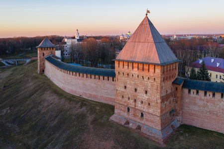 Old towers of Novgorod Kremlin, Veliky Novgorod, Russiaのeditorial素材