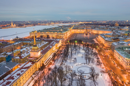 Aerial view cityscape of city center, Palace square, State Hermitage museum (Winter Palace), Neva river, Peter and Paul Fortressのeditorial素材