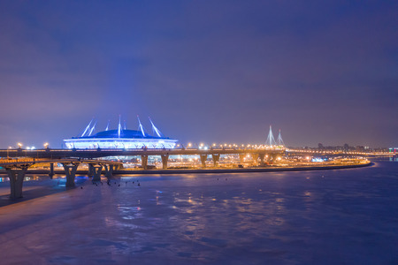 ST. PETERSBURG, RUSSIA - MARCH, 2019:  The Neva River flows into the Gulf of Finland. High-speed highway. Stadium Zenit Arena. Cities of Russia. Bridges of Petersburgのeditorial素材