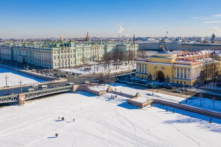 Winter Palace on Palace Square in St. Petersburg and the Admiralty in the distance aerial viewのeditorial素材
