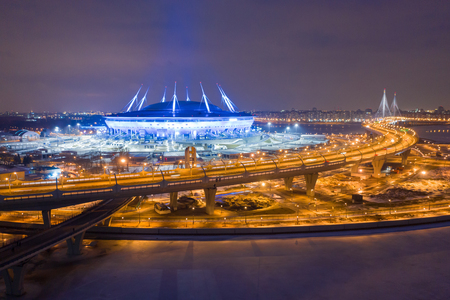 ST. PETERSBURG, RUSSIA - MARCH, 2019:  The Neva River flows into the Gulf of Finland. High-speed highway. Stadium Zenit Arena. Cities of Russia. View from quadrocopter drone flightのeditorial素材