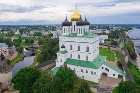 Aerial panorama view of Pskov Kremlin and Trinity Cathedral church, Russiaの写真素材