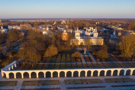 Yaroslav's Court in Veliky Novgorod. Nikolo-Dvorishchensky Cathedral, an important historical tourist site of Russia, aerial view from droneの写真素材