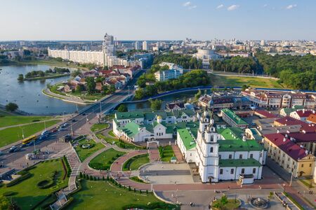 Aerial view on a Trinity suburb - old historic centre, and Minsk city, Minsk, Belarus.の写真素材