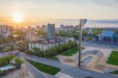 ROSTOV-ON-DON, RUSSIA - MAY 2019: The memorial stele "warriors-liberators of Rostov-on-Don  ".The Stele is decorated with sculpture the goddess of victory Nikee. Aerial view.のeditorial素材