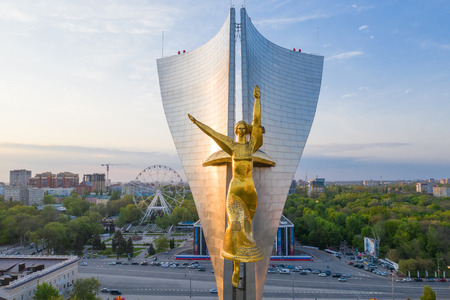 ROSTOV-ON-DON, RUSSIA - MAY 2019: The memorial stele "warriors-liberators of Rostov-on-Don  ".The Stele is decorated with sculpture the goddess of victory Nikee. Aerial view.のeditorial素材