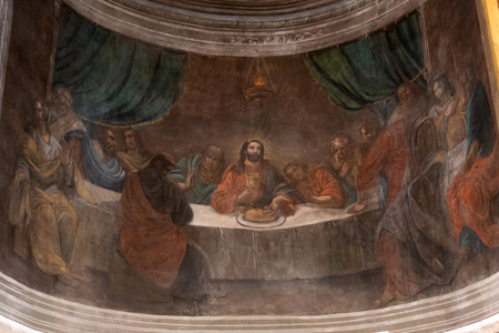 VELIKY NOVGOROD, RUSSIA - APRIL, 2019: Architecture elements in the interior of St Nicholas Cathedral - Bible scene painting of Lords supper.のeditorial素材
