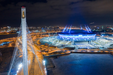 ST. PETERSBURG, RUSSIA - MARCH, 2019: The Neva River flows into the Gulf of Finland. High-speed highway. Stadium Zenit Arena. Cities of Russia. View from quadrocopter drone flightのeditorial素材
