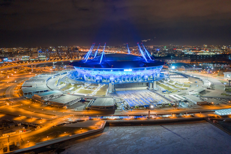 ST. PETERSBURG, RUSSIA - MARCH, 2019: The Neva River flows into the Gulf of Finland. High-speed highway. Stadium Zenit Arena. Cities of Russia. View from quadrocopter drone flightのeditorial素材