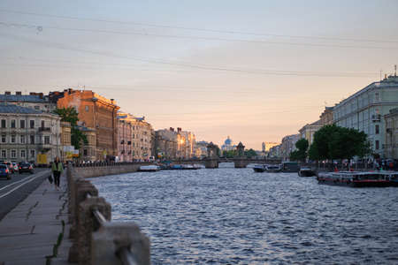 ST. PETERSBURG, RUSSIA - MAY, 2019: Magnificent view of the Fontanka Canal in the center of St. Petersburg. Tourist place. White nights.のeditorial素材