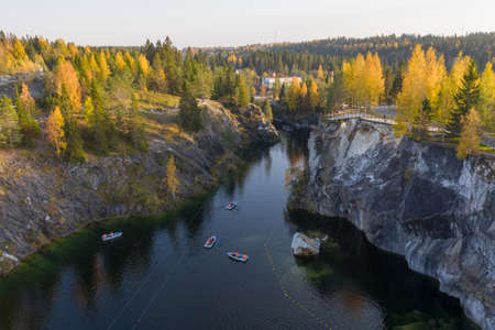 Autumn view of the quarry in the Ruskeala mountain park. A popular tourist destination in Karelia, the nature of the Russian north.の写真素材