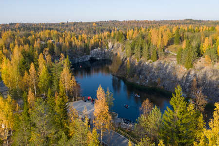 Autumn view of the quarry in the Ruskeala mountain park. A popular tourist destination in Karelia, the nature of the Russian north.の写真素材