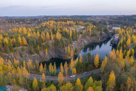 Autumn view of the quarry in the Ruskeala mountain park. A popular tourist destination in Karelia, the nature of the Russian north.の写真素材