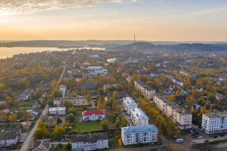 Scenic aerial view of small ancient touristic town Sortavala near Ladoga lake in Karelia. Popular...