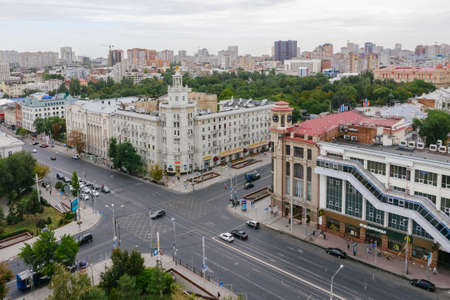 ROSTOV-ON-DON, RUSSIA - SEPTEMBER 2020: central intersection of Rostov-on-Don, Budenovskiy and Bolshaya Sadovaya streets. Historical tourist buildings, shopping center.のeditorial素材