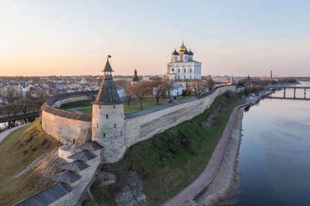The main attractions of Pskov, a Russian city, a tourist center. Pskov Kremlin, Velikaya River,...