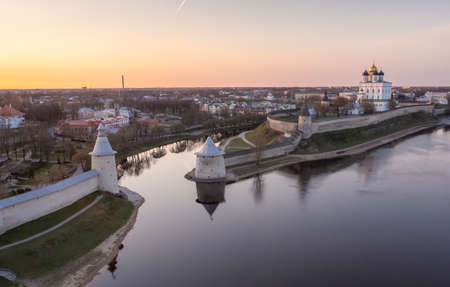 View of the Pskov Kremlin and the Trinity Cathedral at dawn. Pskov, Russiaの写真素材