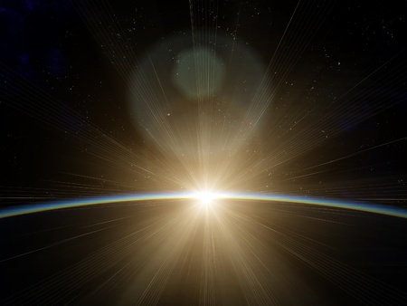 Illustration of the sun setting in space behind the earth with stars and nebulae in the background