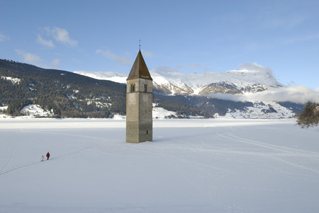 Val Venosta Reschensee, the Romanesque bell tower submerged Graun,の写真素材