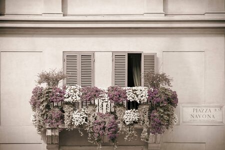 Flowers on a balcony, Piazza Navona, Rome, Italyの写真素材