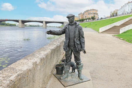 Sculpture of a fisherman on the Volga river embankment. Russia, the city Tver, July 30, 2020のeditorial素材