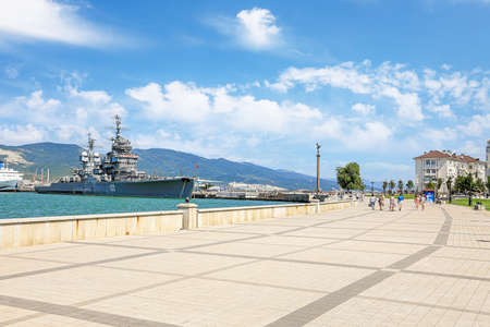 View of the embankment and Cruiser Mikhail Kutuzov. Russia, Krasnodar region, Novorossiysk, June 22, 2019のeditorial素材