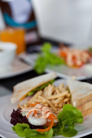 close up sandwich with fries and Cesar saladの写真素材
