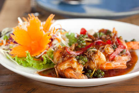 close up Fried shrimp in pepper and garlic sauceの写真素材