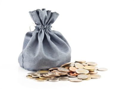 bag and coin on white backgroundの写真素材