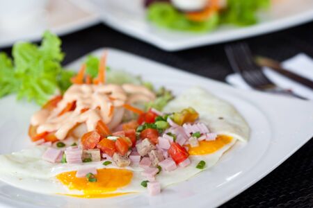 Closeup of fried eggs with bacon