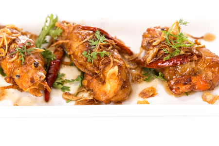 Fried  shrimp with Tamarind Sauce  white backgroundの写真素材