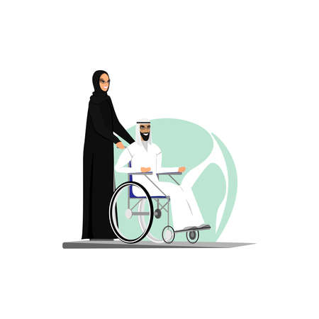 Arab woman carries a man in a wheelchair.のイラスト素材