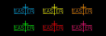 Easter inscription and cross, logo for the holiday in different colors on a dark background.のイラスト素材