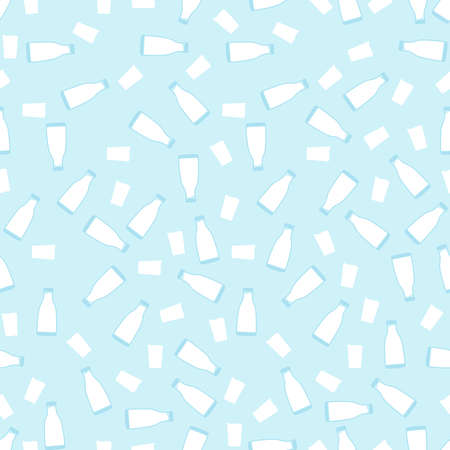 Bottle of milk and glass of milk on a blue background. Seamless pattern.のイラスト素材