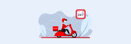 Delivery. The courier delivers the order to the customer on a red scooter.のイラスト素材